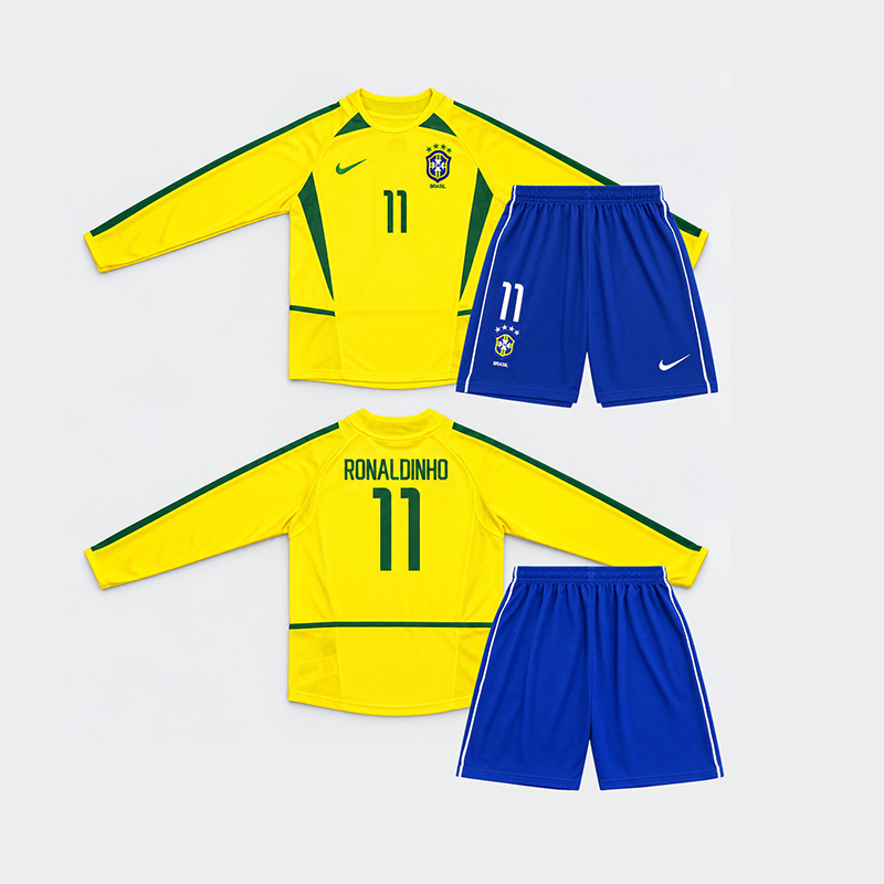 Brazil Home Retro Long Sleeve Kids Kit 2002